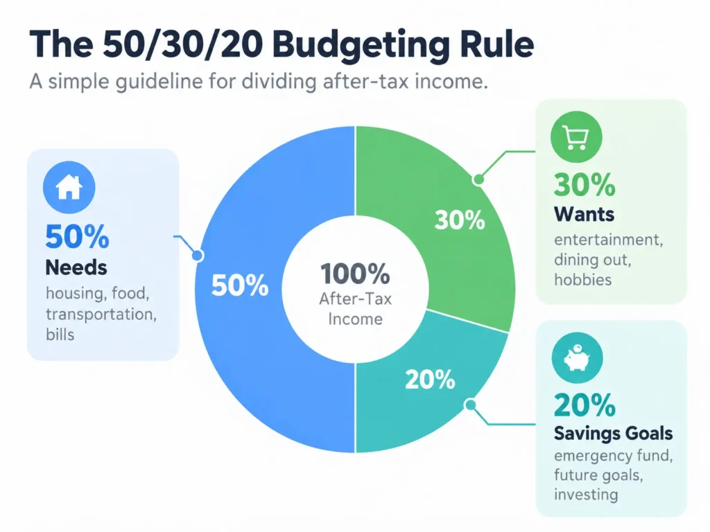 50/30/20 budgeting rule infographic showing how to divide after-tax income into 50% needs, 30% wants, and 20% savings goals, with examples of each category.