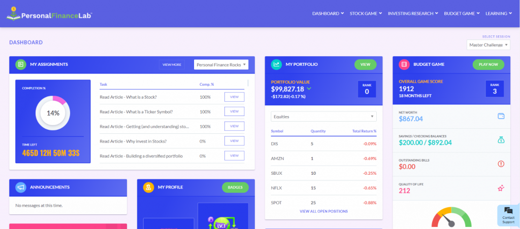student budgeting game dashboard
