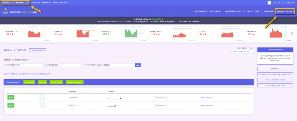teacher admin screen