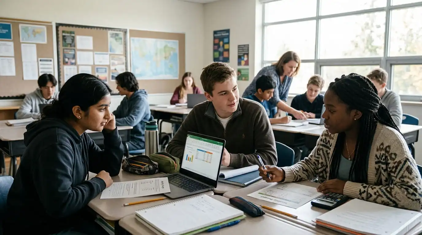 Ontario Grade 10 students practising financial literacy in a classroom, working together on budgeting and money management activities.